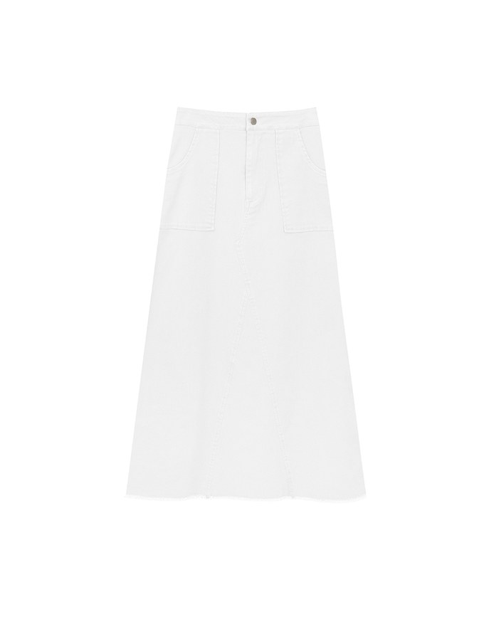 Raw Hem High Waist Front Pocket A Line Cargo Maxi Skirt