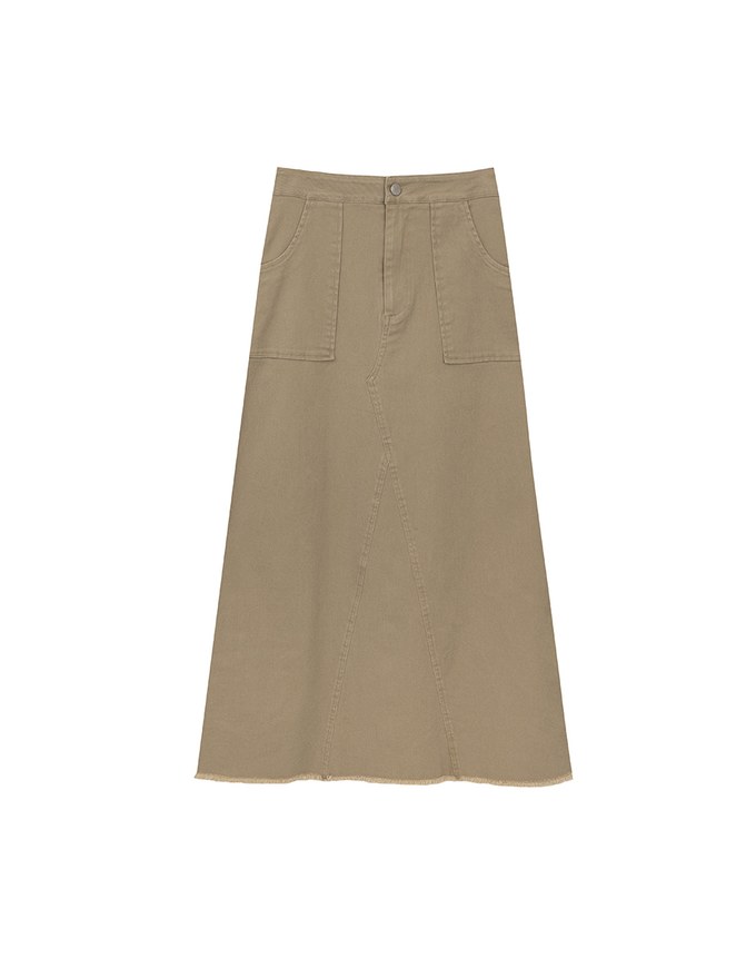 Raw Hem High Waist Front Pocket A Line Cargo Maxi Skirt