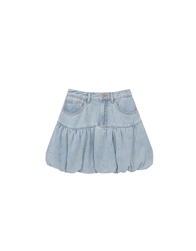 Washed Jeans Denim Gathered Bubble Mini Skirt
