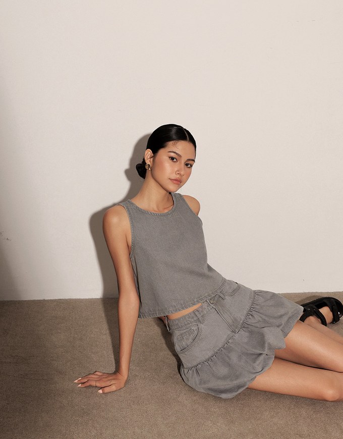 Washed Jeans Denim Gathered Bubble Mini Skirt