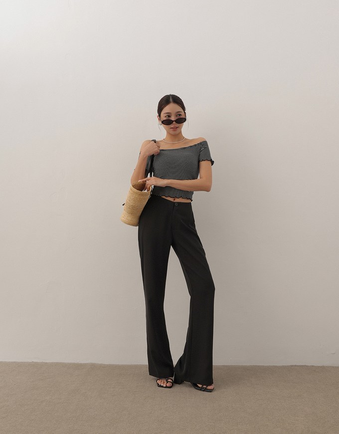Minimal High Waist Flare Pants with Front Side Slit Detail