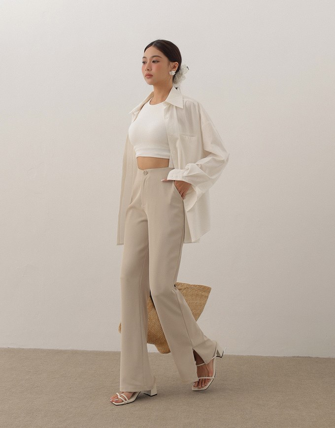 Minimal High Waist Flare Pants with Front Side Slit Detail