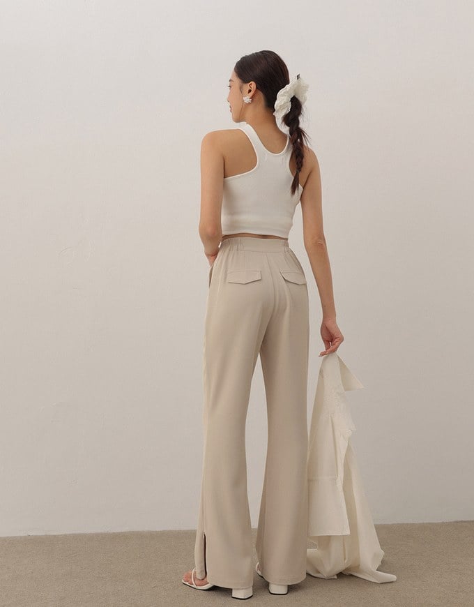 Minimal High Waist Flare Pants with Front Side Slit Detail