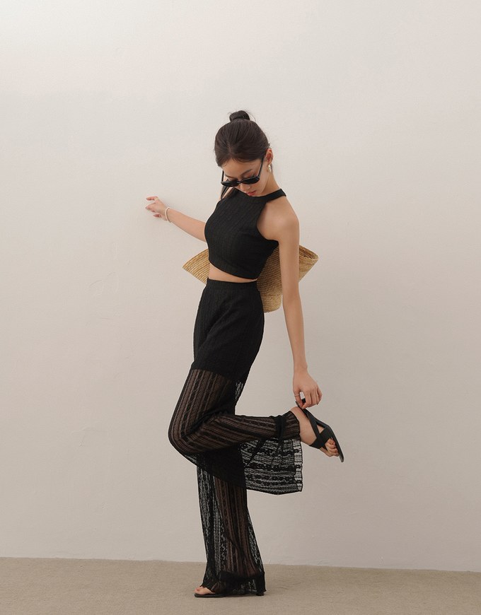 Sheer Lace Straight Leg Overlay Pants with Inner Shorts