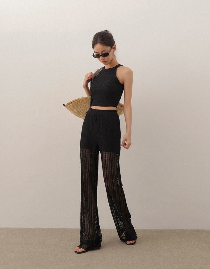 Sheer Lace Straight Leg Overlay Pants with Inner Shorts