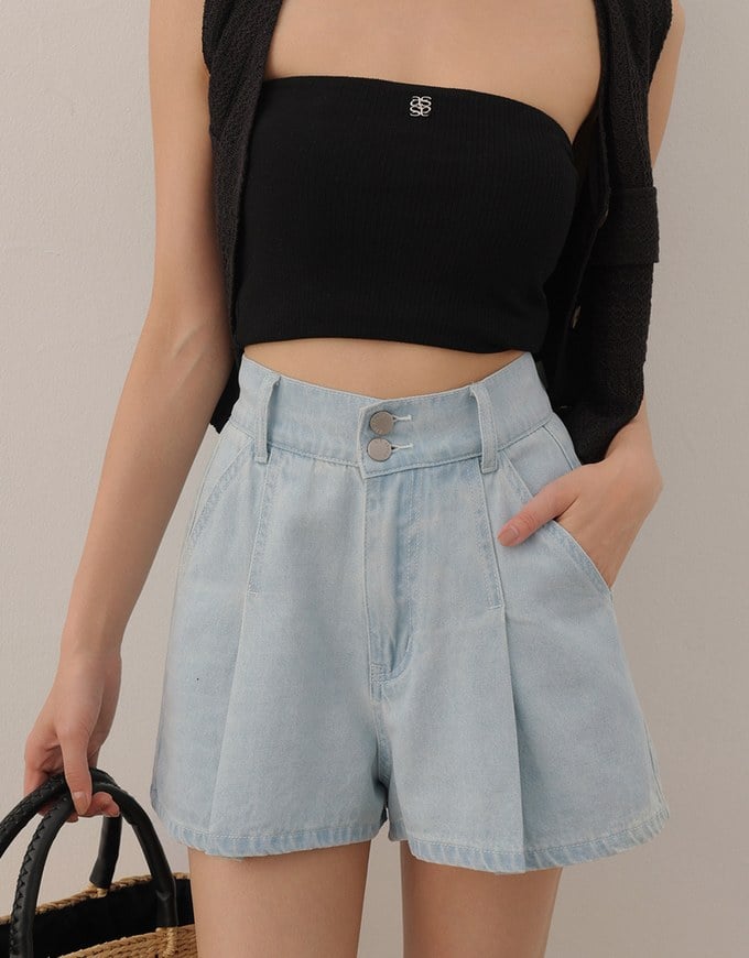 Double Button Pleated High Waist Wide Leg Jeans Denim Shorts with Back Elastic Detail