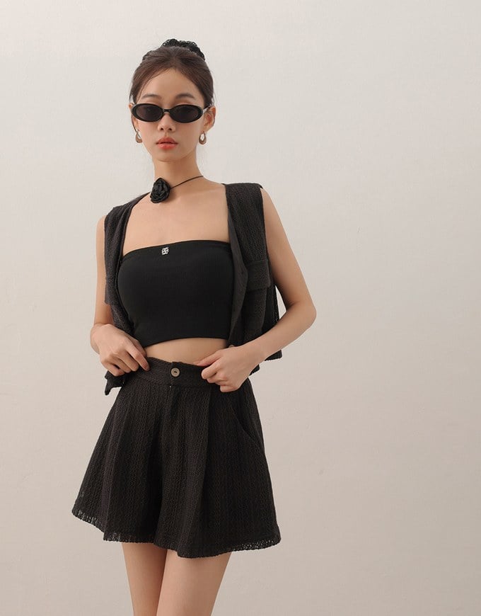 Lace Crochet Inspired Knit Pleated Short