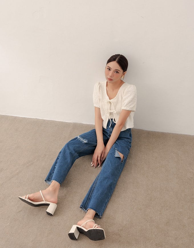 Asymmetric Ripped Frayed Hem Slim Fit Straight Leg Jeans Denim Pants