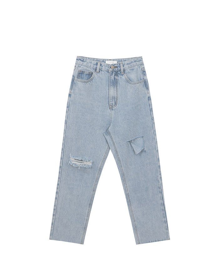 Asymmetric Ripped Frayed Hem Slim Fit Straight Leg Jeans Denim Pants