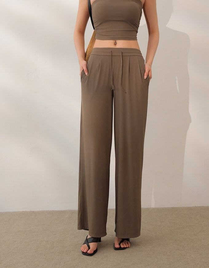 Cooling Fabric Front Pleated Wide Leg Pants with Drawstring Detail