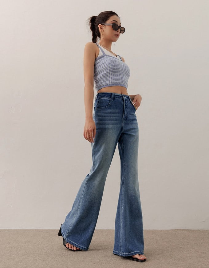 Vintage Wash High Waist Cooling Stretch Jeans Denim Flare Pants