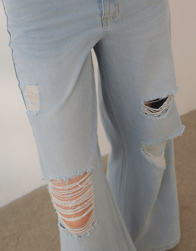 Raw Hem Distressed Detailed Wide Jeans Denim Pants with Belt