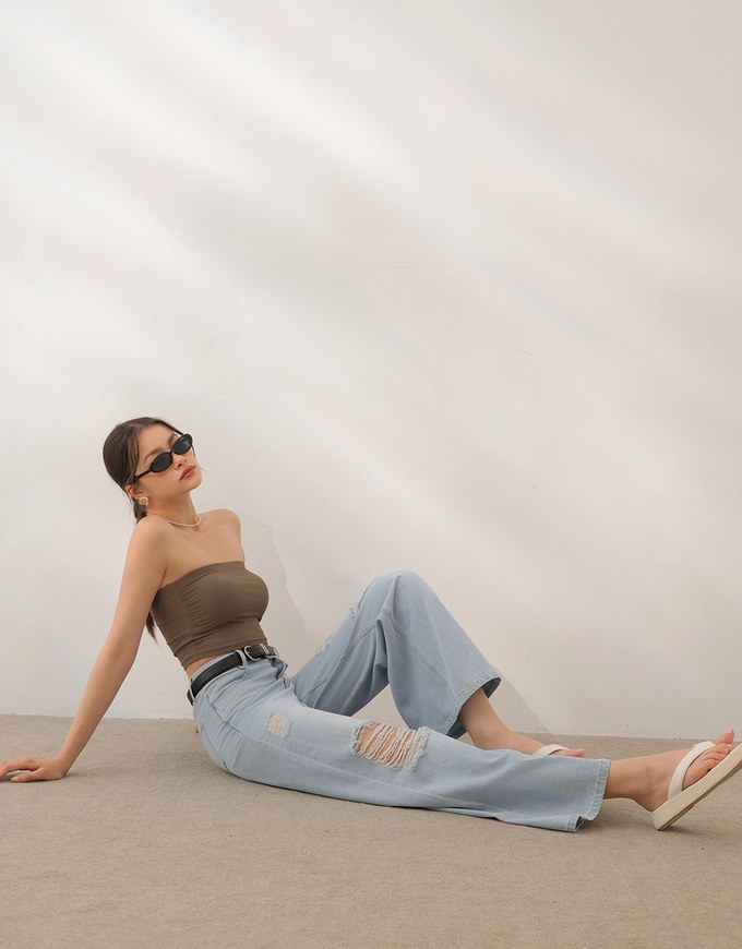 Raw Hem Distressed Detailed Wide Jeans Denim Pants with Belt