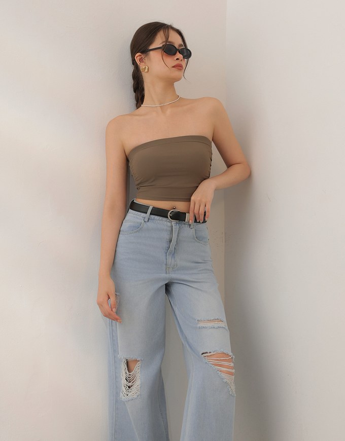 Raw Hem Distressed Detailed Wide Jeans Denim Pants with Belt