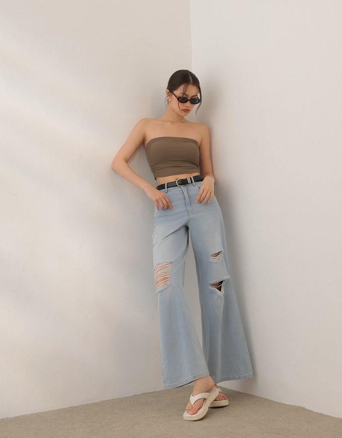 Raw Hem Distressed Detailed Wide Jeans Denim Pants with Belt