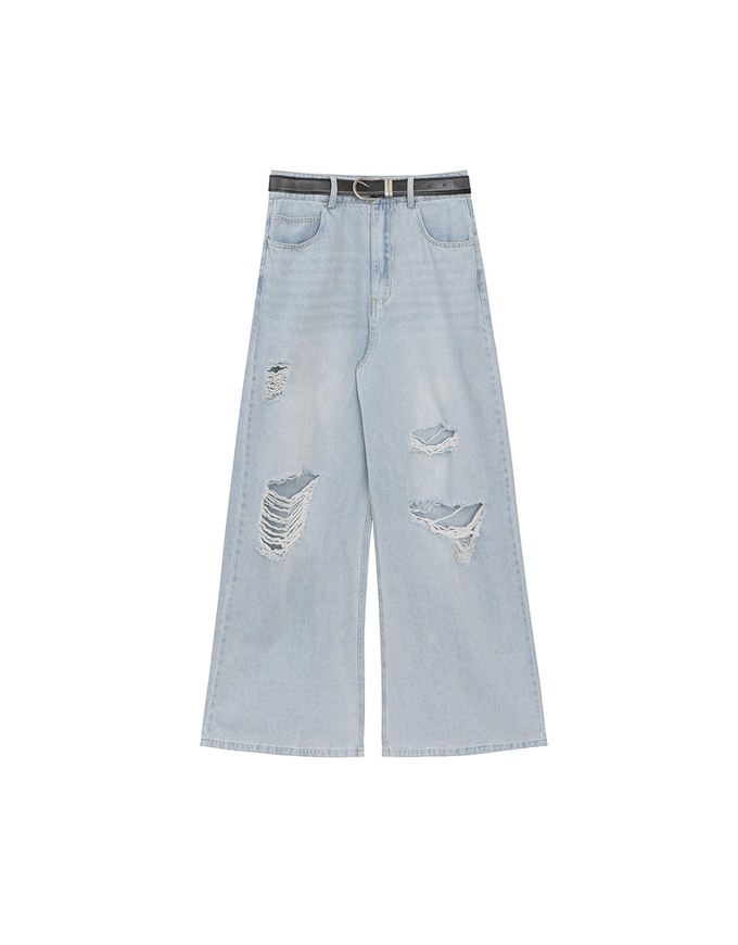 Raw Hem Distressed Detailed Wide Jeans Denim Pants with Belt