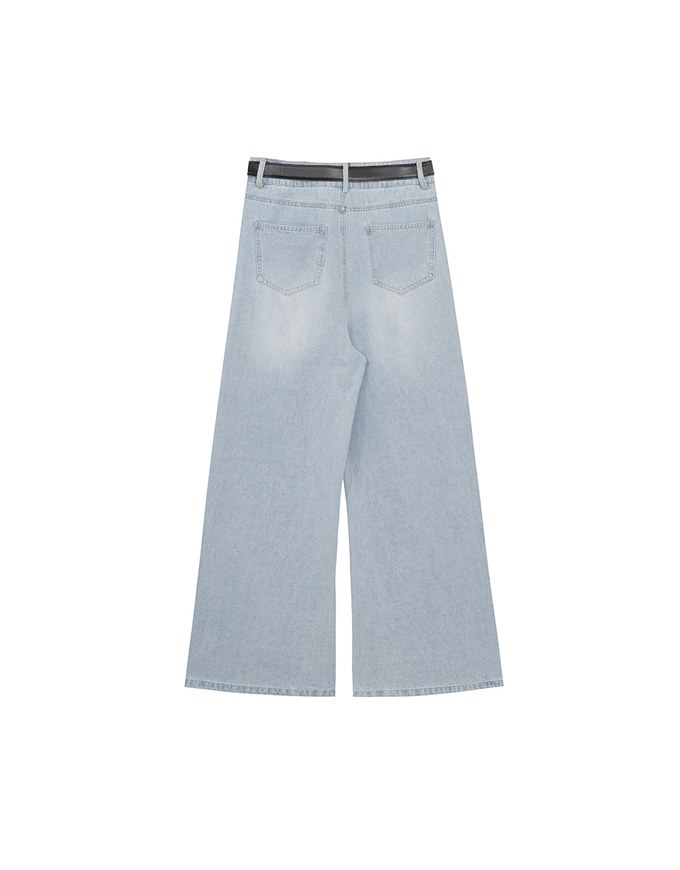 Raw Hem Distressed Detailed Wide Jeans Denim Pants with Belt