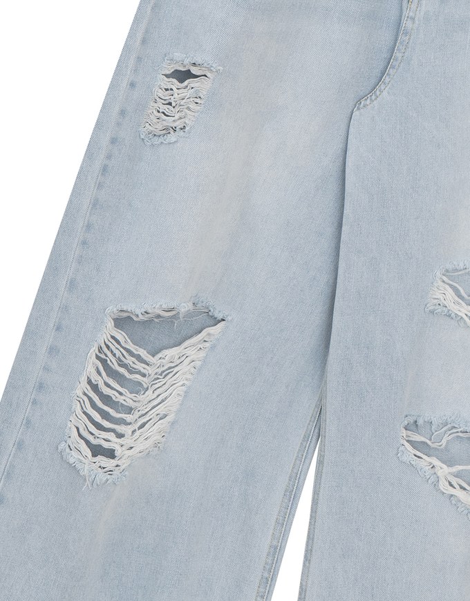 Raw Hem Distressed Detailed Wide Jeans Denim Pants with Belt