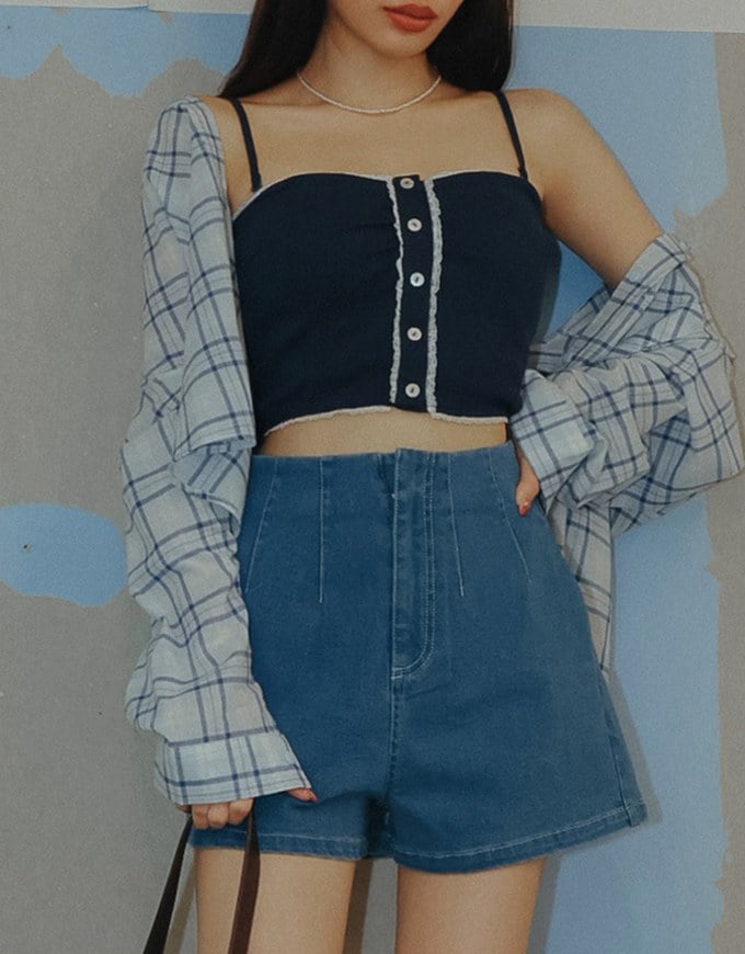 High Waist Clean Cut Jeans Denim Shorts with Front Seam Detail