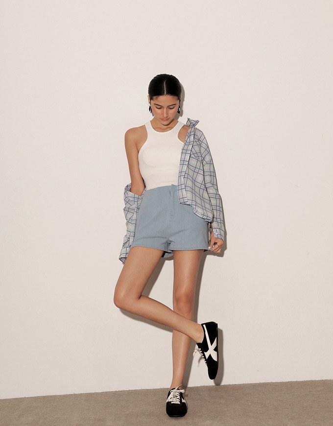 High Waist Clean Cut Jeans Denim Shorts with Front Seam Detail