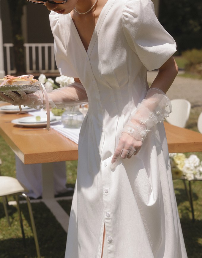 V Neck Button Front Puff Sleeve Flared Hem Maxi Dress