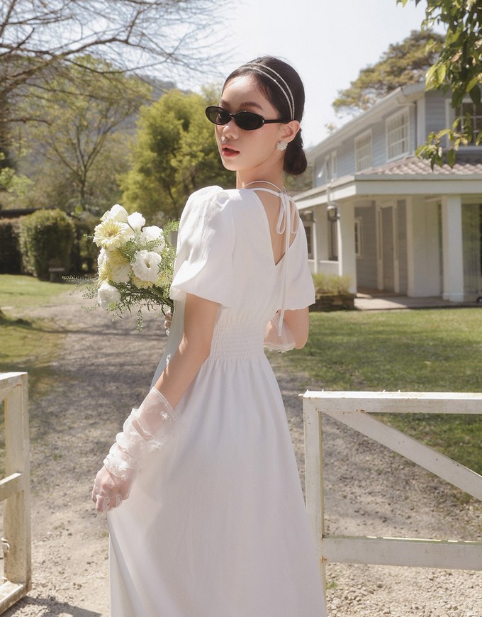 V Neck Button Front Puff Sleeve Flared Hem Maxi Dress