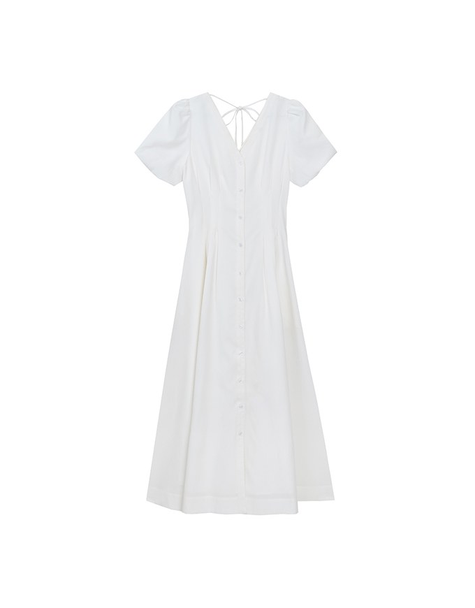 V Neck Button Front Puff Sleeve Flared Hem Maxi Dress