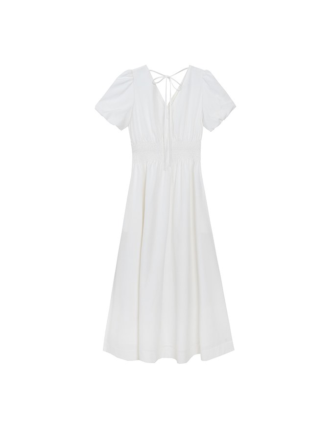 V Neck Button Front Puff Sleeve Flared Hem Maxi Dress