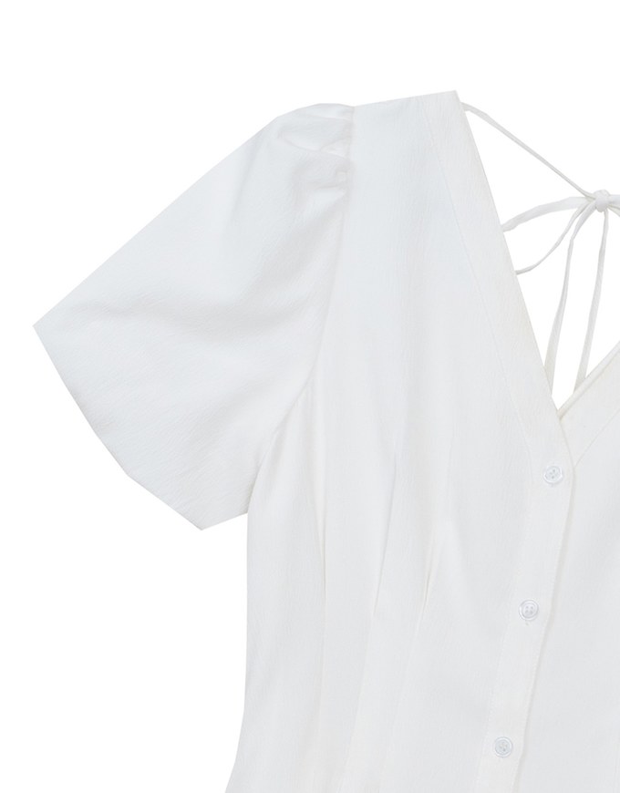 V Neck Button Front Puff Sleeve Flared Hem Maxi Dress