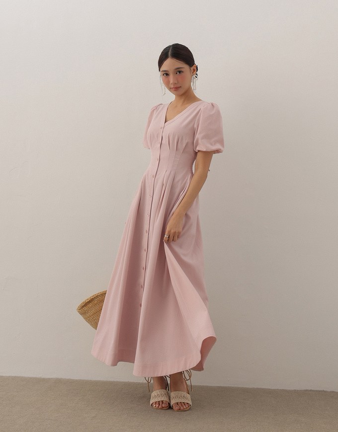 V Neck Button Front Puff Sleeve Flared Hem Maxi Dress
