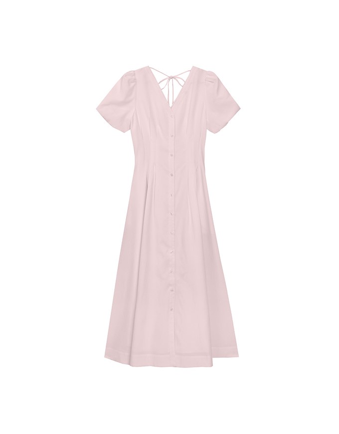 V Neck Button Front Puff Sleeve Flared Hem Maxi Dress