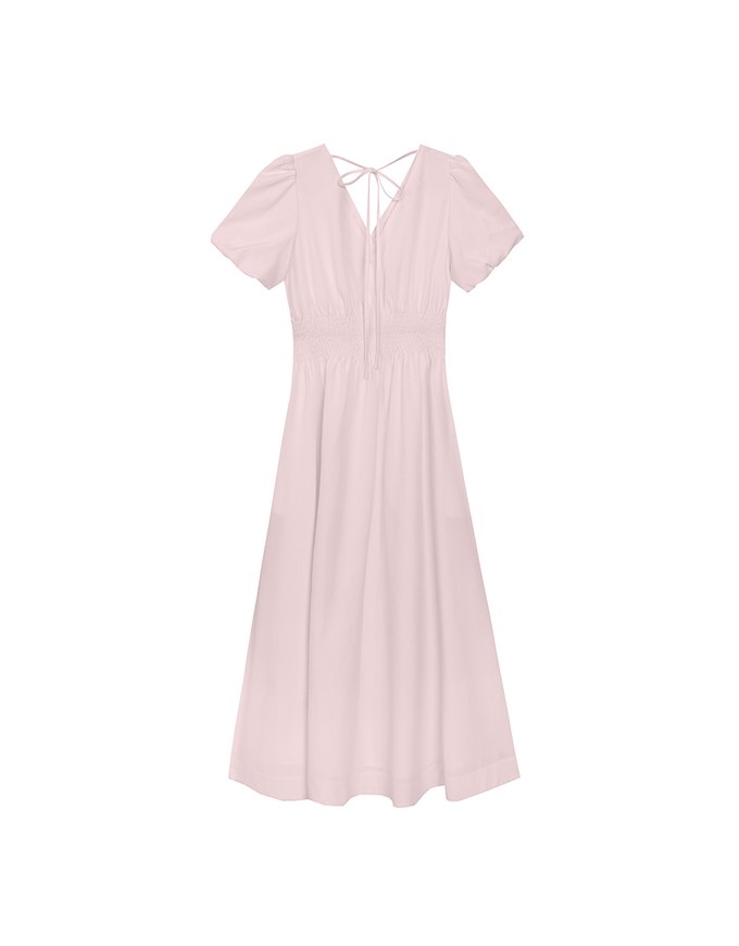 V Neck Button Front Puff Sleeve Flared Hem Maxi Dress