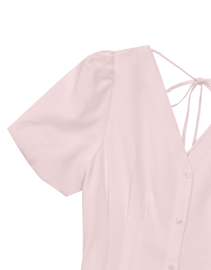 V Neck Button Front Puff Sleeve Flared Hem Maxi Dress
