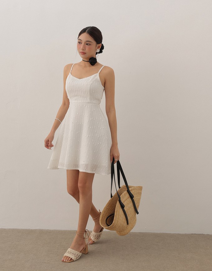 Textured Dot Weave Flare Mini Dress with Spaghetti Straps