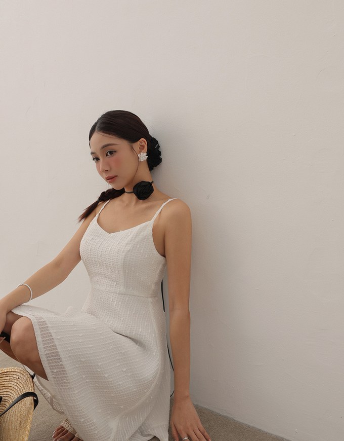 Textured Dot Weave Flare Mini Dress with Spaghetti Straps