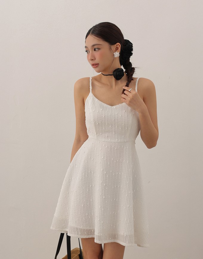 Textured Dot Weave Flare Mini Dress with Spaghetti Straps