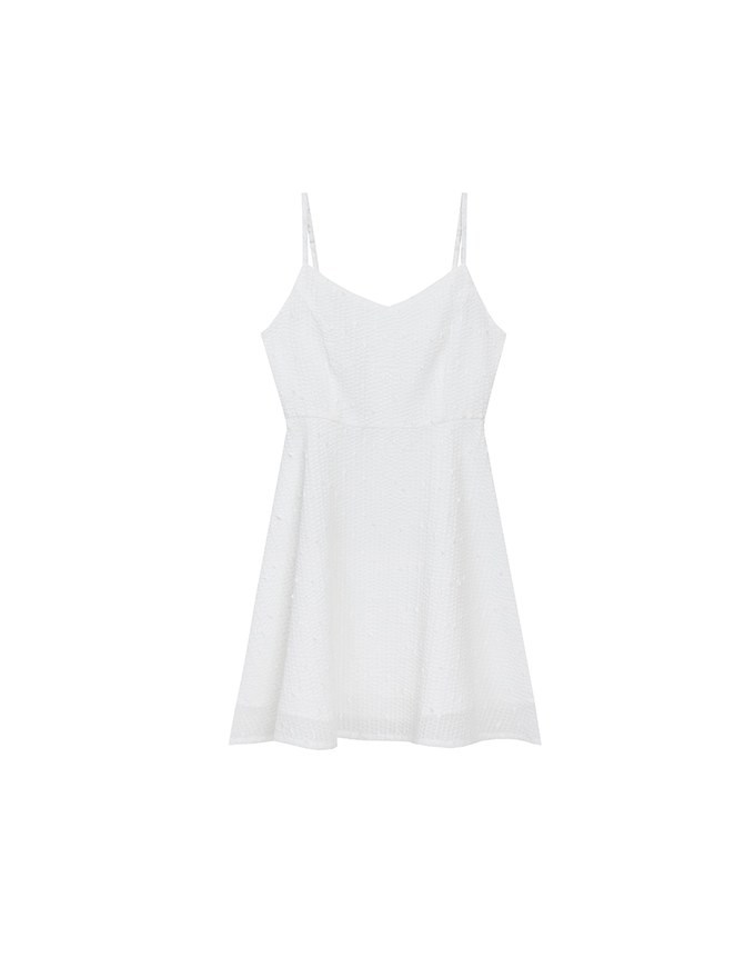 Textured Dot Weave Flare Mini Dress with Spaghetti Straps