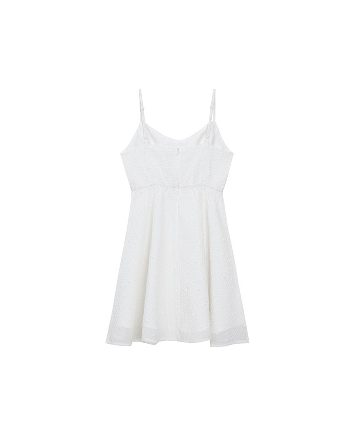 Textured Dot Weave Flare Mini Dress with Spaghetti Straps
