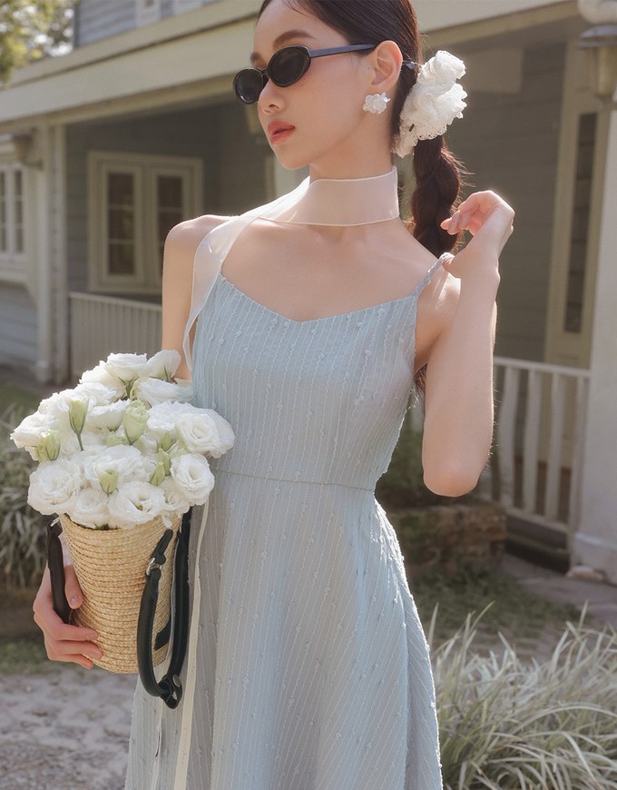 Textured Dot Weave Flare Mini Dress with Spaghetti Straps