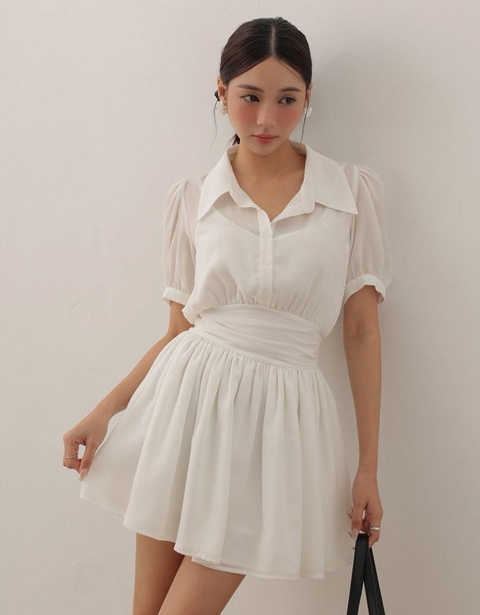 Sheer Chiffon Puff Sleeve Collared Mini Dress with Ruched Waistband Detail