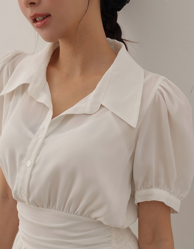 Sheer Chiffon Puff Sleeve Collared Mini Dress with Ruched Waistband Detail