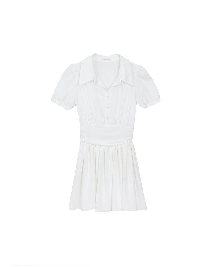Sheer Chiffon Puff Sleeve Collared Mini Dress with Ruched Waistband Detail