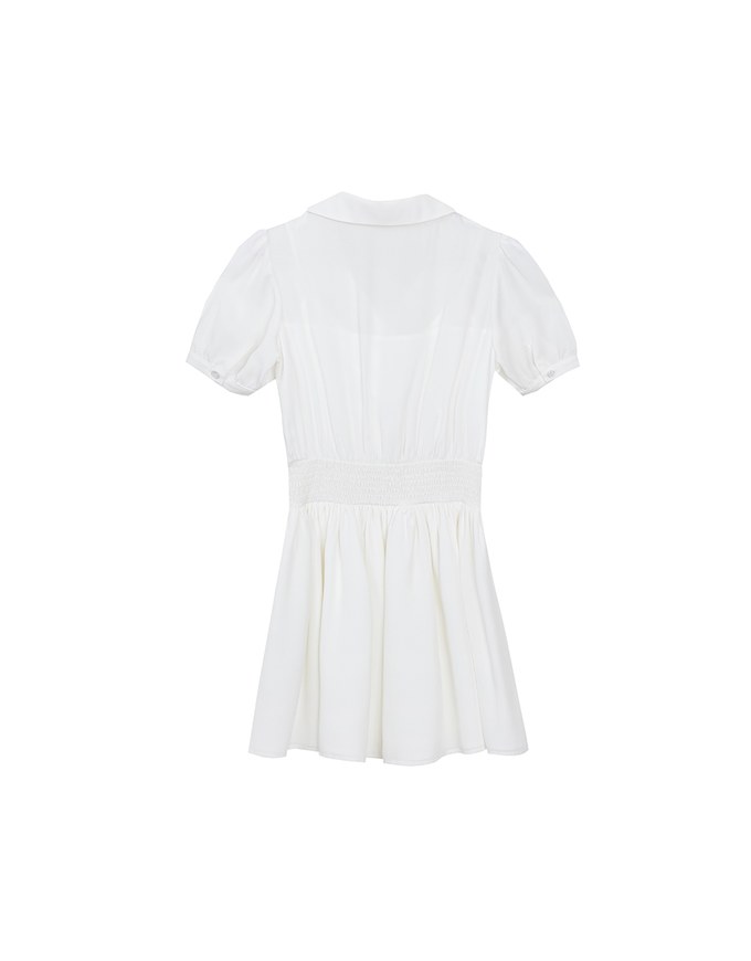 Sheer Chiffon Puff Sleeve Collared Mini Dress with Ruched Waistband Detail