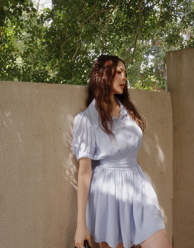 Sheer Chiffon Puff Sleeve Collared Mini Dress with Ruched Waistband Detail