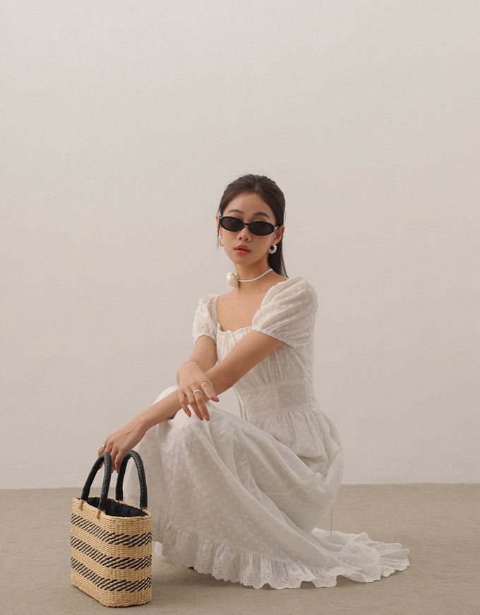 Embroidered Ditsy Floral Maxi Dress with Puff Sleeves and Ruffled Hem