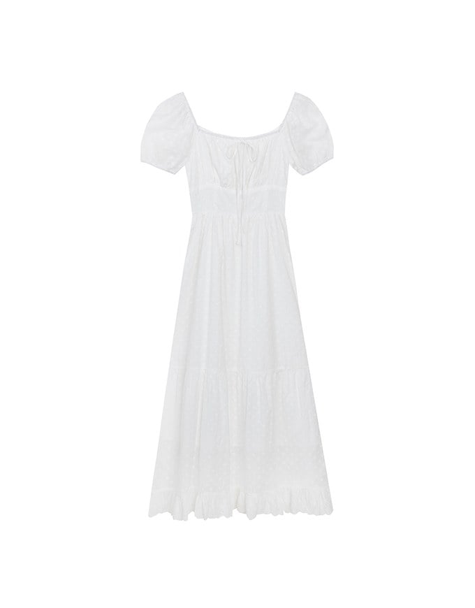 Embroidered Ditsy Floral Maxi Dress with Puff Sleeves and Ruffled Hem