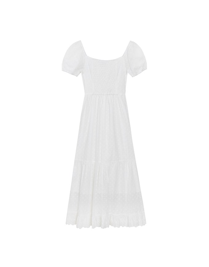 Embroidered Ditsy Floral Maxi Dress with Puff Sleeves and Ruffled Hem