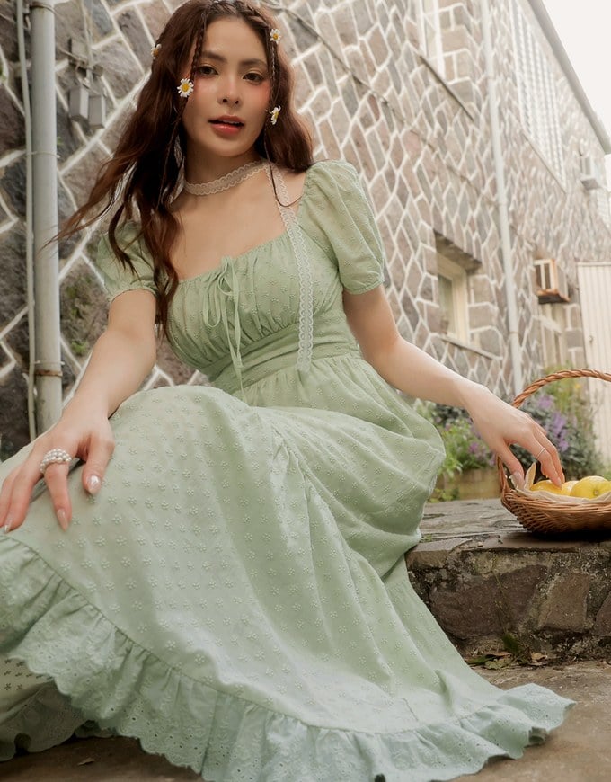 Embroidered Ditsy Floral Maxi Dress with Puff Sleeves and Ruffled Hem
