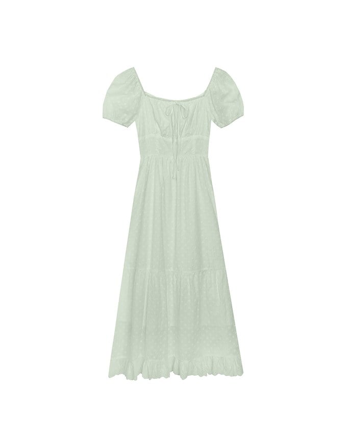 Embroidered Ditsy Floral Maxi Dress with Puff Sleeves and Ruffled Hem