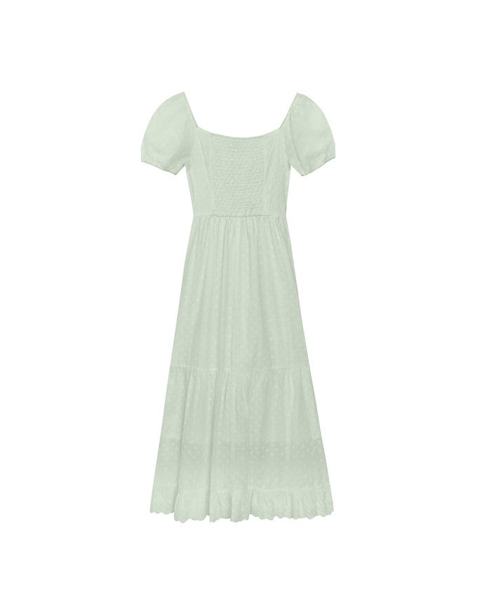 Embroidered Ditsy Floral Maxi Dress with Puff Sleeves and Ruffled Hem